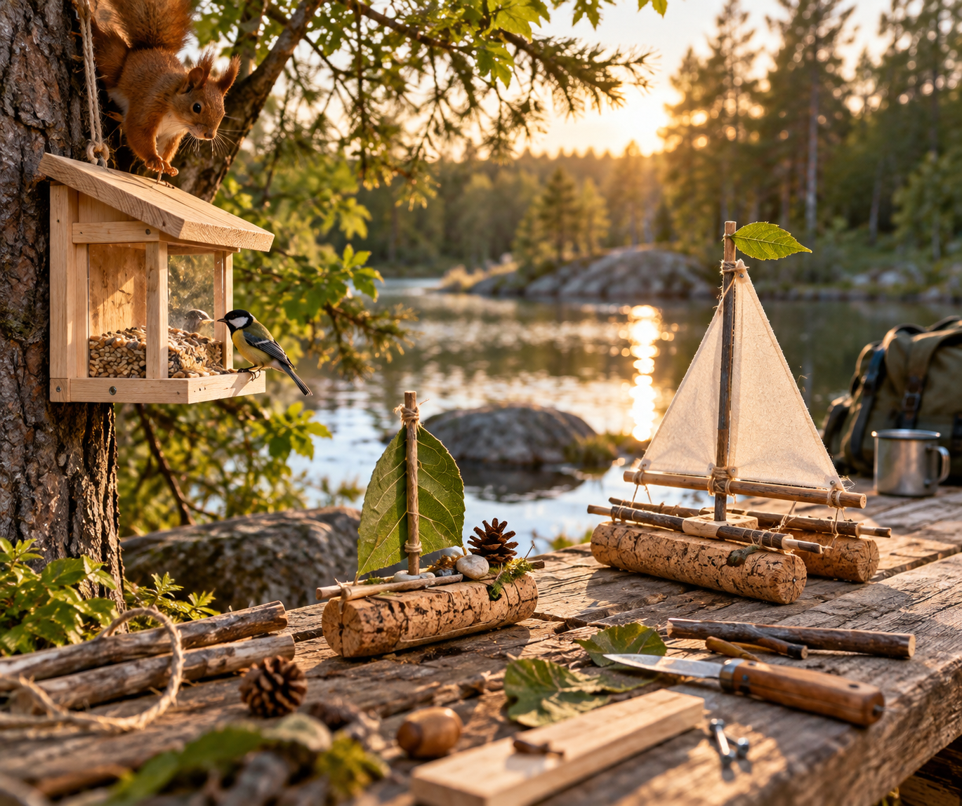 Selbstgebaute Holz- und Korkboote mit Werkzeug am Wasser