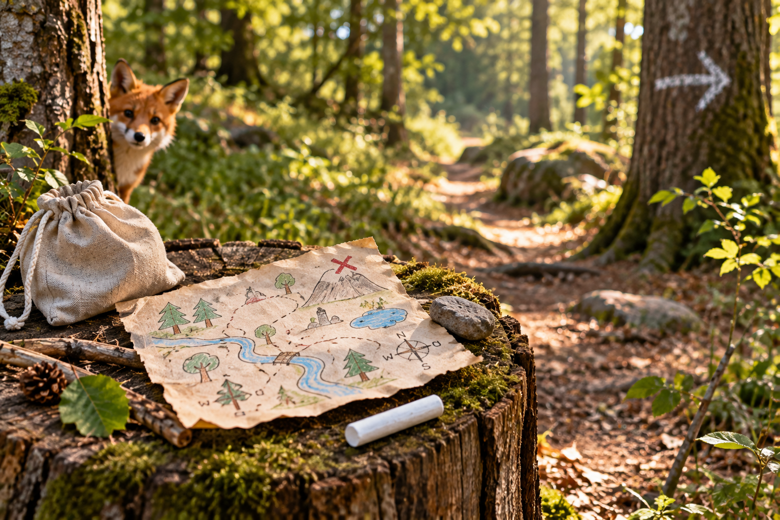 Handgezeichnete Schatzkarte, Kreide und Stoffbeutel auf einem Baumstumpf an einem Waldweg