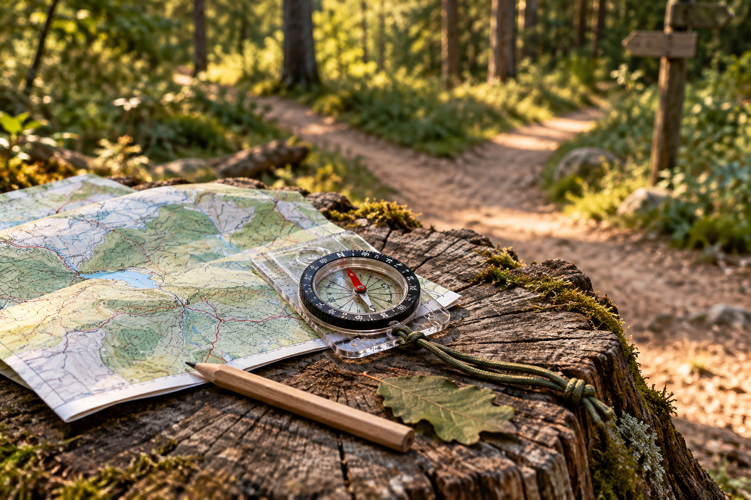 Neutraler Kompass auf einer gefalteten Wanderkarte auf einem Baumstumpf vor einer Weggabelung im Wald