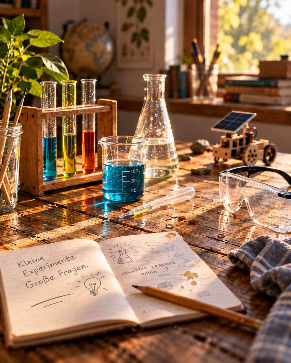 Experimentierplatz auf einem alten Holztisch mit Reagenzgläsern, Pipette, Schutzbrille, Notizbuch und kleinem Solarmodell