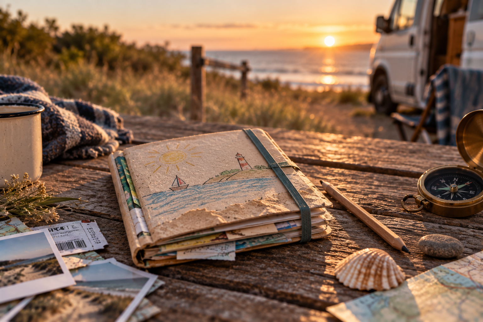 Benutztes Reisetagebuch mit Bleistift, Muschel, Fotos, Karte und Kompass auf einem Holztisch am Meer bei Sonnenuntergang