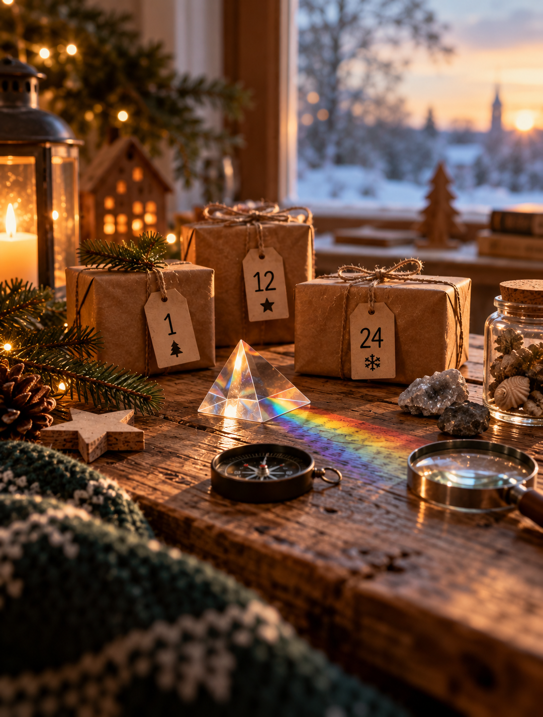 Drei nummerierte Adventspäckchen auf einem alten Holztisch mit Prisma, Kompass und Lupe vor einem winterlichen Fenster